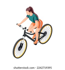 Healthy lifestyle isometric icon with woman in sportswear riding bike 3d vector illustration