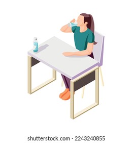 Healthy lifestyle isometric icon with woman drinking water at table 3d vector illustration