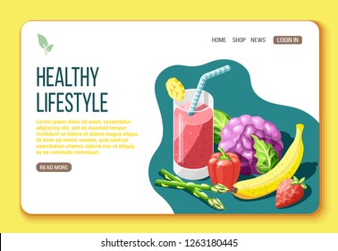 Healthy lifestyle isometric landing page with text and visual information about foods that are useful for body vector illustration