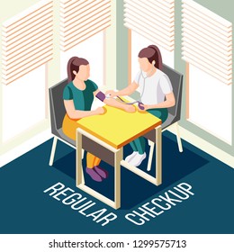 Healthy lifestyle isometric poster with athlete and coach female characters measuring pressure after physical activity for regular checkup vector illustration