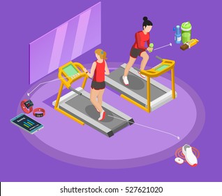 Healthy lifestyle isometric template with gym girls equipment and nutrition elements on pink background isolated vector illustration