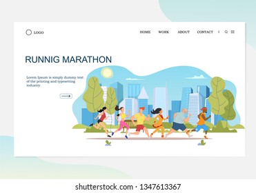 Healthy Lifestyle Landing Page Template. Running People Characters in the Park, City Marathon for Web Page and Mobile Website. Vector illustration