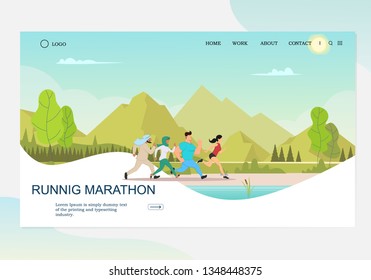 Healthy Lifestyle Landing Page Template. Running People Characters in the Park, City Marathon for Web Page and Mobile Website. Vector illustration