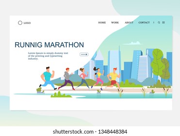 Healthy Lifestyle Landing Page Template. Running People Characters in the Park, City Marathon for Web Page and Mobile Website. Vector illustration