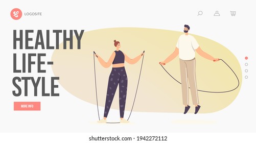Healthy Lifestyle Landing Page Template. Characters in Sportswear Exercising with Jump Rope. Sports Recreation, Active Sparetime, Weight Loss Training, Workout. Cartoon People Vector Illustration