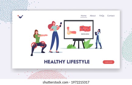 Healthy Lifestyle Landing Page Template. Tiny Doctor Character Presenting Skeletal Musculature On Huge Infographics. Women Workout With Dumbbells And Squatting. Cartoon People Vector Illustration