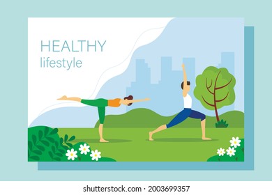 Healthy lifestyle landing page template. Man and woman doing yoga outdoors. Vector illustration.