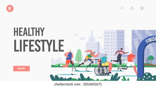 Healthy Lifestyle Landing Page Template. Disabled Athlete Characters Run City Marathon, Sportsmen on Wheelchair or Bionic Leg Prosthesis Jogging, Amputee Running. Cartoon People Vector Illustration