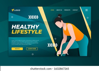 Healthy lifestyle landing page with woman illustration. Sport web page template design for gym, personal trainer and fitness center