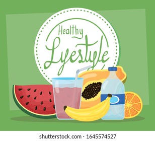 healthy lifestyle lettering and products vector illustration design