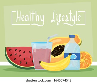 healthy lifestyle lettering and products vector illustration design