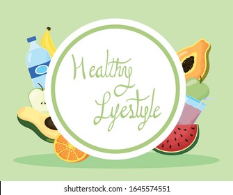 healthy lifestyle lettering and products vector illustration design