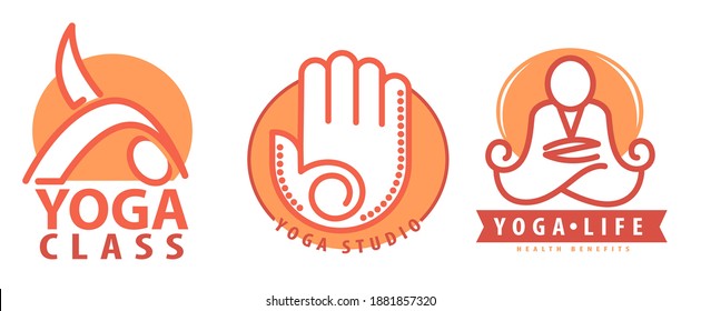 Healthy lifestyle and life improvement with yoga classes. Going to studio doing exercises and practicing asanas. Mindfulness and balance in mind and body. Label or emblem, vector in flat style