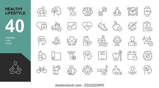 Healthy Lifestyle Line Editable Icons set. Vector illustration of modern thin line style icons of the components of a healthy lifestyle: the mode of work and rest, physical activity, and a diet. 