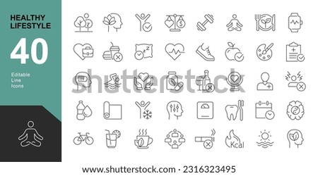 Healthy Lifestyle Line Editable Icons set. Vector illustration of modern thin line style icons of the components of a healthy lifestyle: the mode of work and rest, physical activity, and a diet.  Foto d'archivio © 