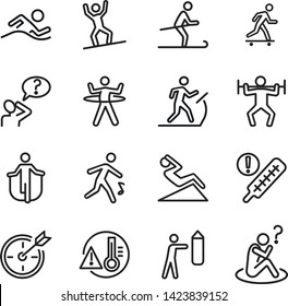 Healthy lifestyle line icon set. Swimming, skiing, gym. Activity concept. Can be used for topics like sport, fitness, healthcare