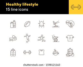 Healthy lifestyle line icon set. Soccer, diet, fitness. Sport concept. Can be used for topics like activity, wellness, lifestyle