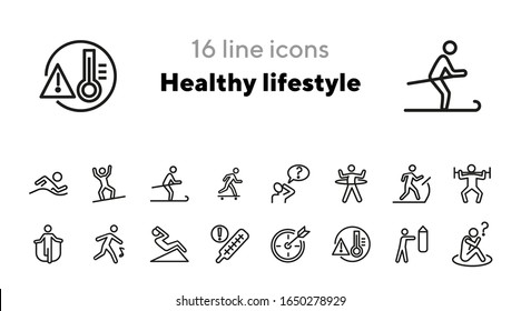 Healthy lifestyle line icon set. Swimming, skiing, gym. Activity concept. Can be used for topics like sport, fitness, healthcare