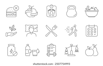 Healthy Lifestyle Line Icon Set Featuring Food, Fitness, and Wellness Symbols. Nutrition, Exercise, Balanced Living, Healthy Nourishment. Editable Stroke. Isolated Vector Illustration.