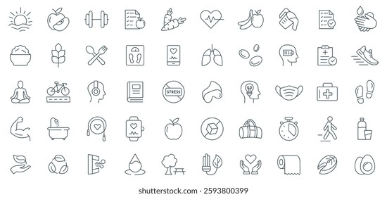Healthy Lifestyle Line Icon Set: Vector Illustrations of Health and Wellness, Fitness, Nutrition, and Lifestyle symbols