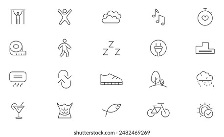 Healthy lifestyle line icons collection. Wellness, fitness, diet, nutrition, daily routine, scales, bicycle, hiking, organic food, nutrition, running and jogging icon set. UI thin outline icons pack