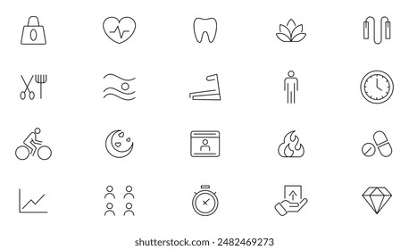 Healthy lifestyle line icons collection. Wellness, fitness, diet, nutrition, daily routine, scales, bicycle, hiking, organic food, nutrition, running and jogging icon set. UI thin outline icons pack
