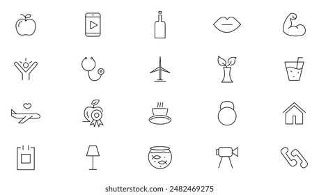 Healthy lifestyle line icons collection. Wellness, fitness, diet, nutrition, daily routine, scales, bicycle, hiking, organic food, nutrition, running and jogging icon set. UI thin outline icons pack