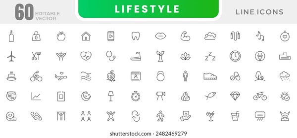 Healthy lifestyle line icons collection. Wellness, fitness, diet, nutrition, daily routine, scales, bicycle, hiking, organic food, nutrition, running and jogging icon set. UI thin outline icons pack