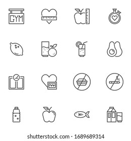 Healthy lifestyle line icons set. linear style symbols collection, outline signs pack. vector graphics. Set includes icons as healthy diet food, seafood, water bottle, gym, orange juice, heartbeat 