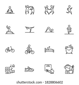 Healthy lifestyle line icons set, outline vector symbol collection, linear style pictogram pack. Signs, logo illustration. Set includes icons as sport exercises, lotos yoga poses, healthy food, sleep