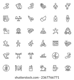 Healthy lifestyle line icons set. linear style symbols collection, outline signs pack. Sports and health vector graphics. Set includes icons as fitness, nutrition, diet food, yoga meditation, wellness