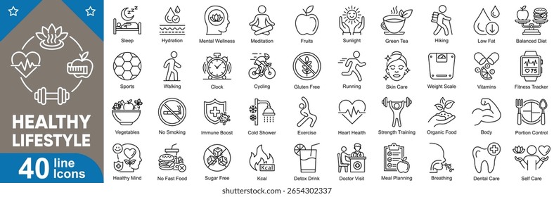 Healthy lifestyle line icons set. vector collection of wellness, fitness, nutrition, exercise, self care, organic food, mental health, and more. Editable illustration