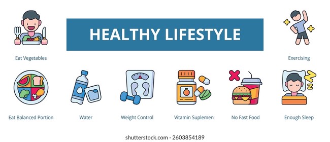 Healthy Lifestyle Lineal Color Banner Web Icon Set Vector Illustration