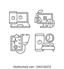 Healthy Lifestyle Linear Icons Set. Going Offline. Exercise Break. Regular Health Checkup. Sleep Hygiene. Customizable Thin Line Contour Symbols. Isolated Vector Outline Illustrations. Editable Stroke