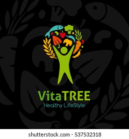 Healthy lifestyle logo. Human with raw food. Vector icon template for vegan restaurant, diet menu, natural products, fitness club, family farm. Dark background