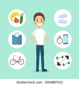 Healthy lifestyle man with fresh food and exercising.