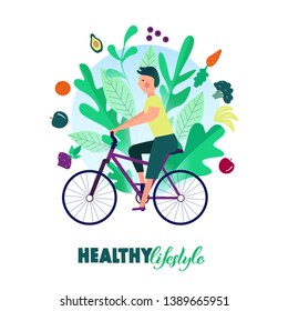 Healthy lifestyle. А man riding a bicycle. Healthy food. Banner, poster hand drawn design. Colorful flat cartoon vector illustration
