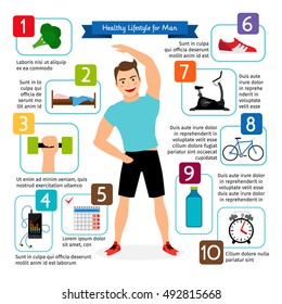 Healthy lifestyle for man vector infographics. Smiling cartoon training fitness man in flat style