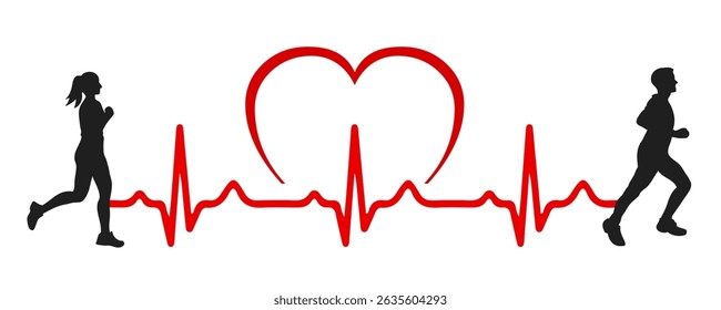 Healthy lifestyle, man and woman run, heart pulse symbol - vector