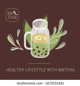 Healthy lifestyle with matcha vector illustration with drinking glass of matcha tea, emblem, and leaves. Banner design template.