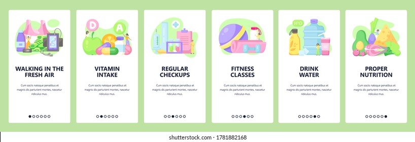 Healthy lifestyle. Medical checkup, outdoor walks and fitness, vitamins, healthy nutrition. Mobile app screens. Vector banner template for website and mobile development. Web site design illustration.