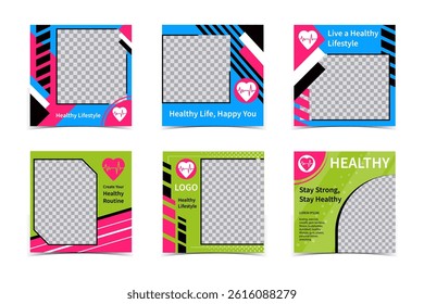 Healthy Lifestyle and Medical Social Media Templates. Square Photo Layouts with Heart