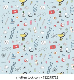 Healthy lifestyle and medicine vector education concept. Hand drawn vitamins, fruits, medical oblects,   instruments doodle seamless pattern.