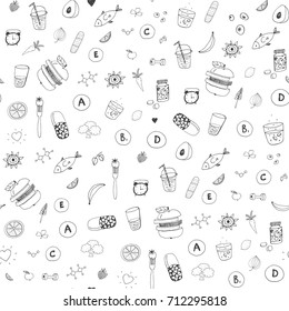 Healthy lifestyle and medicine vector education concept. Hand drawn vitamins, fruits, medical objects, instruments doodle seamless pattern.