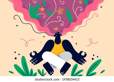 Healthy lifestyle, meditation, positive thoughts concept. Young blonde smiling woman sitting meditating keeping eyes closed practicing peace of mind, keeping fingers in mudra gesture illustration 