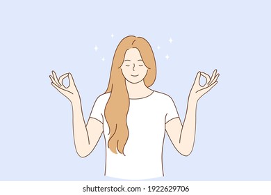 Healthy lifestyle, meditation, yoga concept. Young blonde smiling woman keeping eyes closed and meditating practicing peace of mind, keeping fingers in mudra gesture illustration 