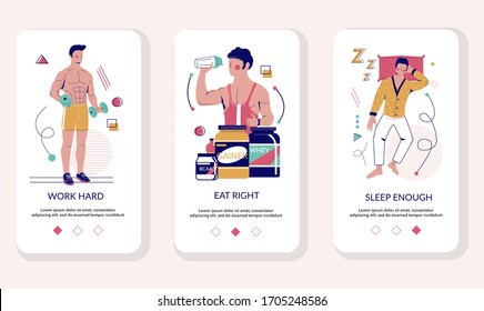 Healthy lifestyle mobile app onboarding screens. Menu banner vector template for website and application development. Athlete training, drinking protein shake, sleeping. Fitness, diet, healthy sleep.