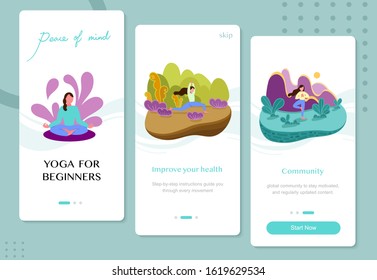 Healthy Lifestyle Mobile App Page On board Screen Set for Website, Women Outdoors Sports Exercise, Fitness, Workout in Different Poses, Stretching. Cartoon Flat Vector Illustration