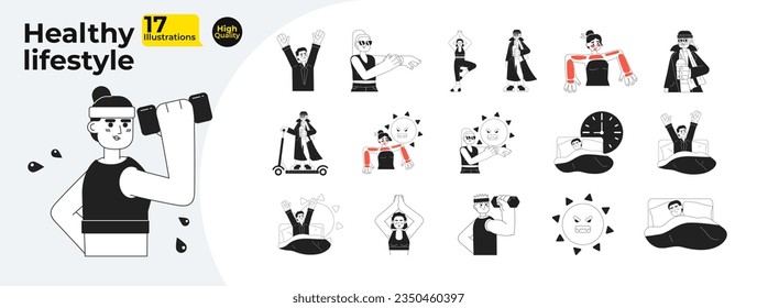 Healthy lifestyle monochrome concept vector spot illustrations bundle. Daily sport routine 2D flat bw cartoon characters for web UI design. Isolated editable hand drawn hero image collection