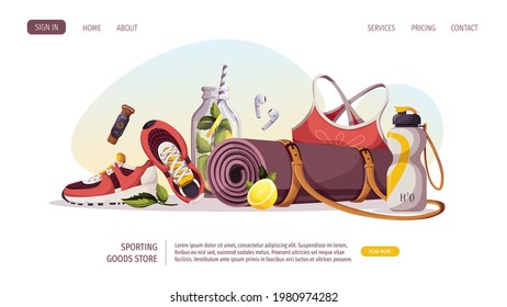 Healthy lifestyle, natural food, motivation, sport equipment, fitness, training, sportswear, sporting goods store, workout concept. Vector illustration for poster, banner, website, advertising.